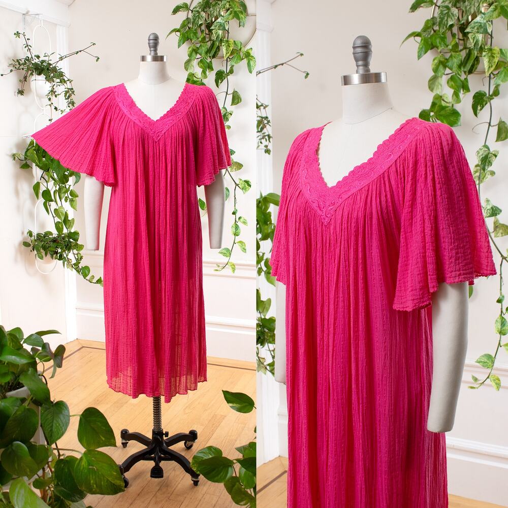 Vintage 80s 90s Hot Pink Gauze Angel Sleeve Tent Trapeze Summer Dress
